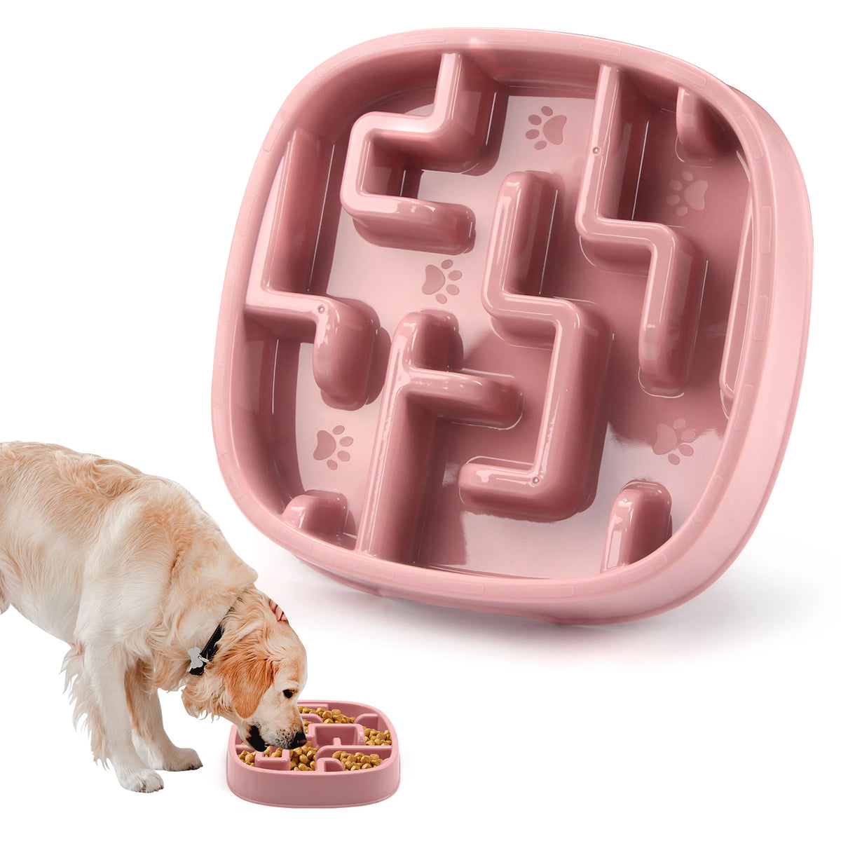 Wagmint Slow-Down Feeder Bowl, 18.5 cm square maze bowl in pink